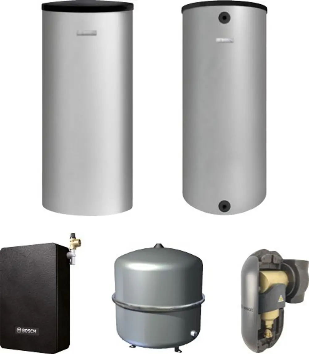 Zwei vertikale silberne Wärmespeicher mit schwarzen Oberkappen. Daneben ein schwarzes Gerät mit einem Ventil, ein grauer Drucktank und ein graues Bauteil. Alle Produkte tragen das Bosch-Logo.